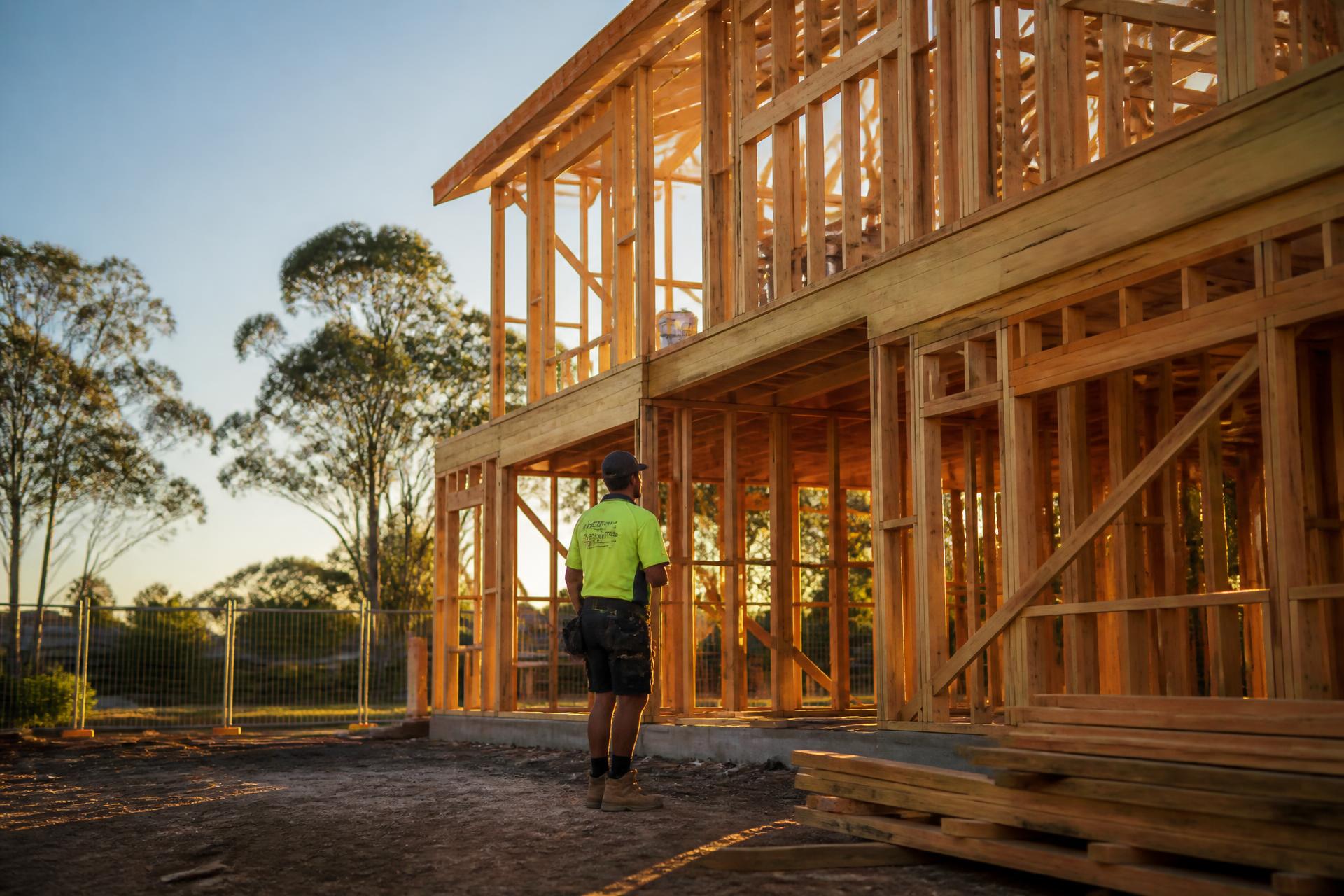 Timber-framed Australian residential build at golden hour